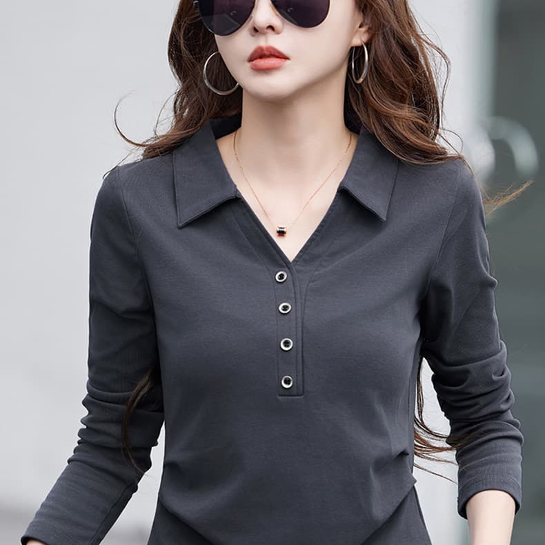 纯棉有领长袖t恤女新款春季洋气宽松翻领收腰上衣打底衫外穿